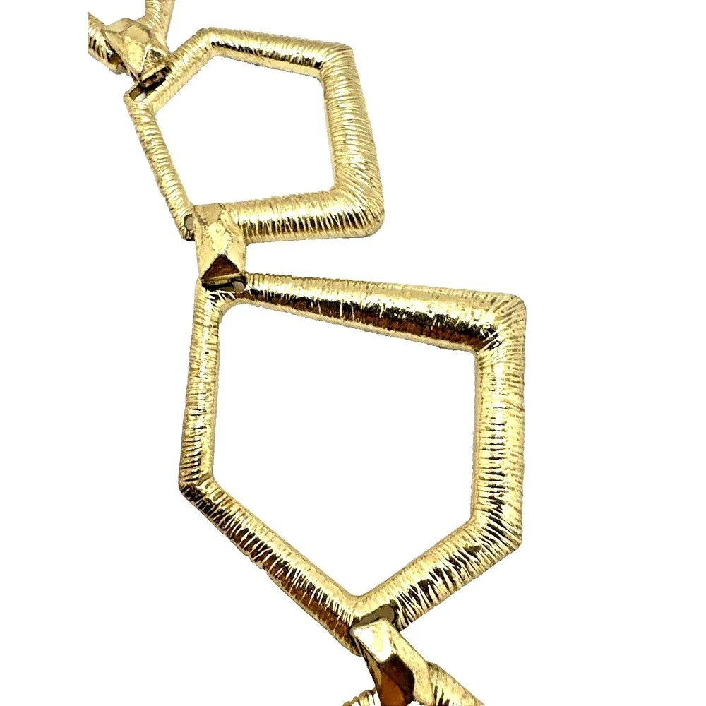Geometric Link Bib Necklace Textured Gold Tone Modernist Statement 16